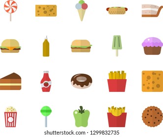 Color flat icon set cheese flat vector, hamburger, hot dog, cupcake, piece of cake, donut, lollipop, bell pepper, French fries, popcorn, ice cream, mustard, ketchup, biscuit