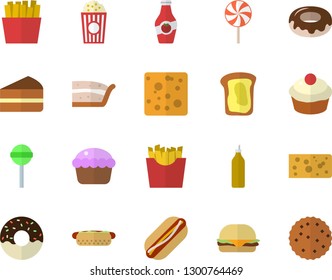 Color flat icon set cheese flat vector, hamburger, hot dog, cupcake, piece of cake, donut, lollipop, French fries, popcorn, mustard, ketchup, sandwich, biscuit