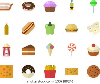 Color flat icon set cheese flat vector, hamburger, hot dog, cupcake, piece of cake, donut, lollipop, bell pepper, French fries, popcorn, ice cream, canape, mustard, biscuit