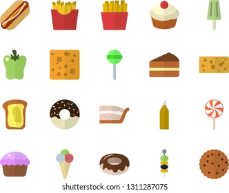 Color flat icon set cheese flat vector, hot dog, cupcake, piece of cake, donut, lollipop, bell pepper, French fries, ice cream, canape, mustard, sandwich, biscuit