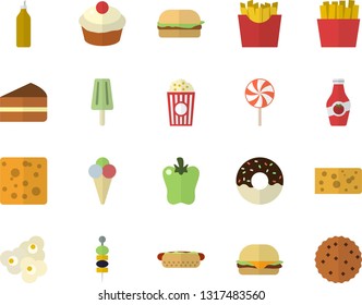 Color flat icon set cheese flat vector, hamburger, hot dog, cupcake, piece of cake, donut, lollipop, bell pepper, French fries, popcorn, ice cream, canape, mustard, ketchup, biscuit