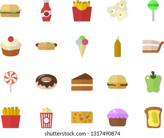 Color flat icon set cheese flat vector, hamburger, hot dog, cupcake, piece of cake, donut, lollipop, bell pepper, French fries, popcorn, ice cream, mustard, ketchup, sandwich