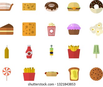 Color flat icon set cheese flat vector, hamburger, hot dog, cupcake, piece of cake, donut, lollipop, French fries, popcorn, ice cream, canape, mustard, ketchup, sandwich, biscuit