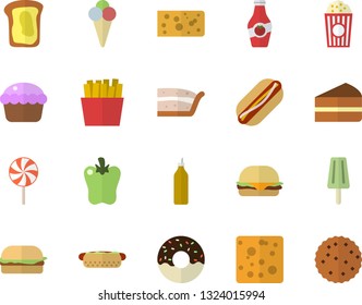 Color flat icon set cheese flat vector, hamburger, hot dog, cupcake, piece of cake, donut, lollipop, bell pepper, French fries, popcorn, ice cream, mustard, ketchup, sandwich, biscuit