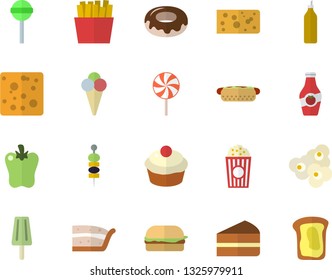 Color flat icon set cheese flat vector, hamburger, hot dog, cupcake, piece of cake, donut, lollipop, bell pepper, French fries, popcorn, ice cream, canape, mustard, ketchup, sandwich