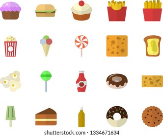 Color flat icon set cheese flat vector, hamburger, cupcake, piece of cake, donut, lollipop, French fries, popcorn, ice cream, mustard, ketchup, sandwich, biscuit