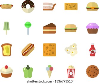 Color flat icon set cheese flat vector, hamburger, hot dog, cupcake, piece of cake, donut, lollipop, bell pepper, popcorn, ice cream, ketchup, sandwich, biscuit