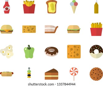 Color flat icon set cheese flat vector, hamburger, hot dog, piece of cake, donut, lollipop, bell pepper, French fries, popcorn, ice cream, canape, mustard, ketchup, sandwich, biscuit