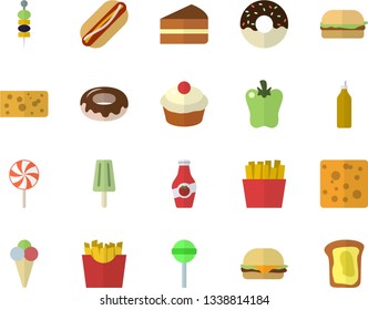 Color flat icon set cheese flat vector, hamburger, hot dog, cupcake, piece of cake, donut, lollipop, bell pepper, French fries, ice cream, canape, mustard, ketchup, sandwich