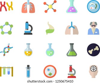 Color flat icon set chemistry flat vector, DNA, chromosomes, bone fracture, stomach, lungs, flask, molecule, microscope, scientist, beakers, Petri dish, brain fector