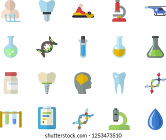 Color flat icon set chemistry flat vector, graphic report, microscope, medical analysis, massage, diagnostics, helicopter, DNA, tooth, implant, flask, beakers, brain fector, vitamins, drop