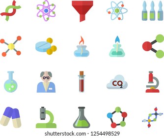 Color flat icon set chemistry flat vector, carbon dioxide, funnel, molecules, pills, blood test, microscope, ampoule, DNA, flask, molecule, atom, gas burner, scientist