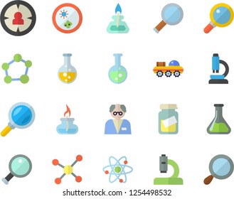 Color flat icon set chemistry flat vector, magnifier, target audience, microscope, medical analysis, flask, molecule, atom, gas burner, scientist, lunar rover, Petri dish
