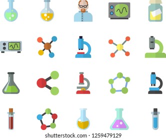 Color flat icon set chemistry flat vector, molecules, blood test, microscope, medical analysis, flask, molecule, oscilloscope, scientist, beakers