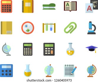 Color flat icon set chemistry flat vector, medical analysis, notebook, calculator, stapler, microscope, notepad, globe, bachelor cap, beakers, Petri dish, translate, clip, book
