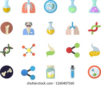 Color flat icon set chemistry flat vector, molecules, medical analysis, DNA, bone fracture, stomach, lungs, flask, molecule, scientist, beakers, Petri dish