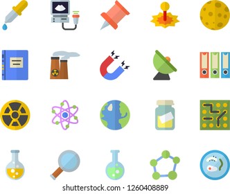 Color flat icon set chemistry flat vector, earth, radiation, satellite antenna, laser, pipette, medical analysis, ultrasound, flask, molecule, atom, moon, nuclear power plant, textbook, magnet