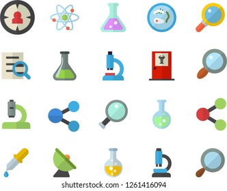 Color flat icon set chemistry flat vector, satellite antenna, magnifier, target audience, molecules, pipette, microscope, flask, atom, Petri dish, doctor's office fector