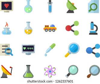 Color flat icon set chemistry flat vector, satellite antenna, magnifier, molecules, pipette, computer diagnostics of health, flask, microscope, atom, gas burner, beakers, lunar rover