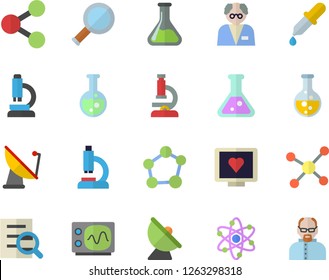 Color flat icon set chemistry flat vector, satellite antenna, molecules, pipette, computer diagnostics of health, microscope, magnifier, flask, molecule, atom, oscilloscope, scientist
