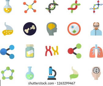 Color flat icon set chemistry flat vector, molecules, medical analysis, DNA, chromosomes, bone fracture, stomach, lungs, flask, molecule, microscope, scientist, Petri dish, brain fector