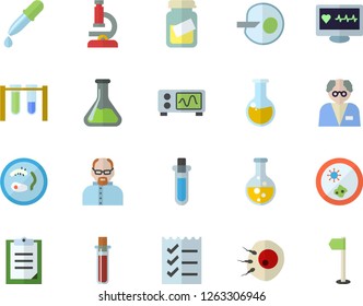 Color flat icon set chemistry flat vector, pipette, blood test, computer diagnostics of health, medical analysis, artificial insemination, clipboard, to do list, microscope, oscilloscope, scientist