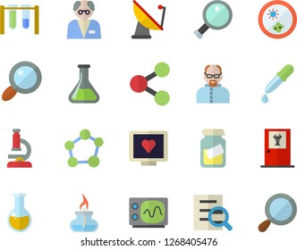 Color flat icon set chemistry flat vector, satellite antenna, magnifier, molecules, pipette, computer diagnostics of health, medical analysis, molecule, microscope, gas burner, oscilloscope, beakers