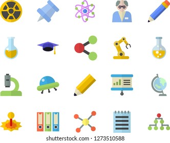 Color flat icon set chemistry flat vector, radiation, laser, molecules, microscope, medical analysis, molecule, atom, notepad, pencil, globe, bachelor cap, scientist, presentaition board, pushpin