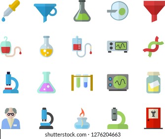 Color flat icon set chemistry flat vector, funnel, blood transfusion, pipette, microscope, medical analysis, DNA, artificial insemination, flask, gas burner, oscilloscope, scientist, beakers