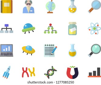 Color flat icon set chemistry flat vector, medical analysis, chromosomes, atom, notepad, rocket, computer, globe, magnet, magnifier, notebook, scientist, ufo, dna, classification, chart
