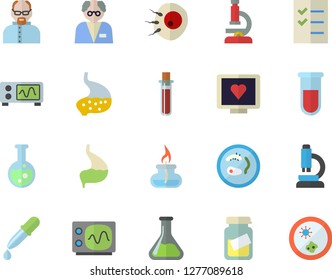 Color flat icon set chemistry flat vector, pipette, blood test, computer diagnostics of health, medical analysis, artificial insemination, stomach, to do list, flask, microscope, gas burner