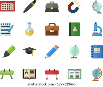 Color flat icon set chemistry flat vector, magnet, marker, calendar, microscope, briefcase, notebook, pencil, pen, notepad, globe, bachelor cap, sports equipment horse, book