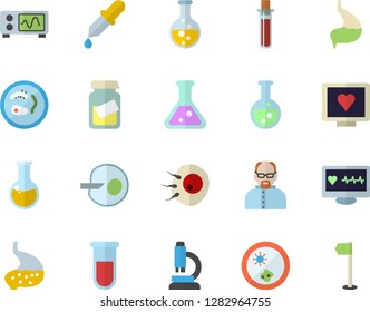 Color flat icon set chemistry flat vector, pipette, blood test, computer diagnostics of health, medical analysis, artificial insemination, stomach, flask, microscope, oscilloscope, scientist