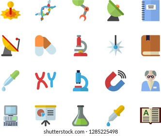 Color flat icon set chemistry flat vector, satellite antenna, laser, magnet, pipette, microscope, DNA, chromosomes, robot hand, computer, textbook, notebook, scientist, presentaition board, pills
