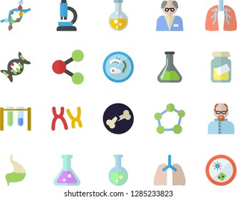 Color flat icon set chemistry flat vector, molecules, medical analysis, DNA, chromosomes, bone fracture, stomach, lungs, flask, molecule, microscope, scientist, beakers, Petri dish