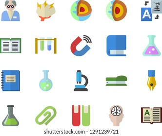 Color flat icon set chemistry flat vector, magnet, notebook, ink pen, book, stapler, flask, microscope, brainstorm, scientist, beakers, brain fector, core of the earth, translate, clip