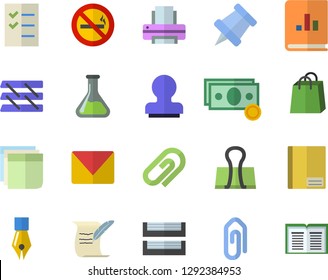 Color flat icon set chemistry flat vector, cash, bags, book balance accounting, notebook, ink pen, sticker, to do list, printer, paper tray, stamp, mail, hostory roll, pushpin, no smoking fector