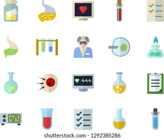Color flat icon set chemistry flat vector, blood test, computer diagnostics of health, medical analysis, artificial insemination, stomach, clipboard, to do list, flask, gas burner, oscilloscope