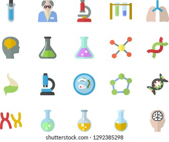 Color flat icon set chemistry flat vector, medical analysis, DNA, chromosomes, stomach, lungs, flask, molecule, microscope, scientist, beakers, Petri dish, brain fector