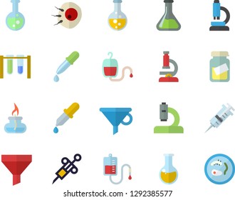 Color flat icon set chemistry flat vector, funnel, blood transfusion, pipette, syringe, microscope, medical analysis, artificial insemination, flask, gas burner, beakers, Petri dish