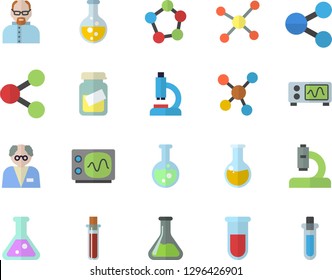 Color flat icon set chemistry flat vector, molecules, blood test, microscope, medical analysis, flask, molecule, oscilloscope, scientist, beakers