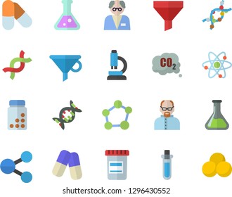 Color flat icon set chemistry flat vector, carbon dioxide, funnel, molecules, pills, vial, DNA, flask, molecule, microscope, atom, scientist, beakers, vitamins