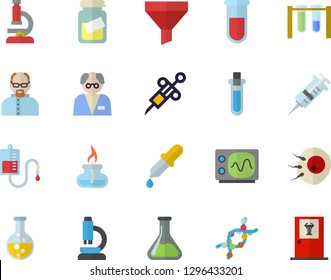 Color flat icon set chemistry flat vector, funnel, blood transfusion, pipette, test, syringe, medical analysis, DNA, artificial insemination, microscope, gas burner, oscilloscope, scientist, beakers