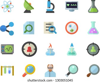 Color flat icon set chemistry flat vector, satellite antenna, target audience, molecules, computer diagnostics of health, magnifier, flask, microscope, atom, gas burner, oscilloscope, scientist