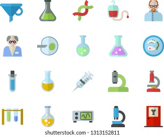 Color flat icon set chemistry flat vector, funnel, blood transfusion, syringe, microscope, medical analysis, DNA, artificial insemination, flask, oscilloscope, scientist, beakers, Petri dish