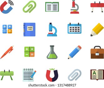 Color flat icon set chemistry flat vector, magnet, calendar, calculator, microscope, briefcase, clip, pencil, pen, notepad, textbook, sports equipment horse, book