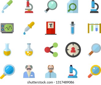 Color flat icon set chemistry flat vector, magnifier, target audience, molecules, pipette, microscope, medical analysis, oscilloscope, scientist, beakers, doctor's office fector