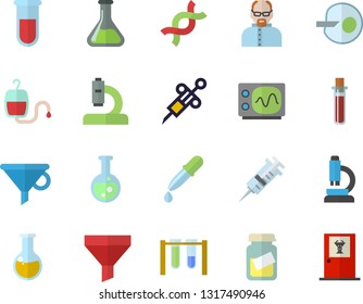 Color flat icon set chemistry flat vector, funnel, blood transfusion, pipette, test, syringe, microscope, medical analysis, DNA, artificial insemination, flask, oscilloscope, scientist, beakers