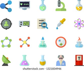 Color flat icon set chemistry flat vector, satellite antenna, target audience, molecules, pipette, computer diagnostics of health, microscope, medical analysis, magnifier, flask, molecule, atom