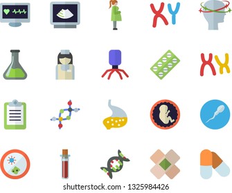 Color flat icon set chemistry flat vector, pill packaging, blood test, computer diagnostics of health, virus, headache, patch, ultrasound, embryo, gestation, nurse, chromosomes, sperm, stomach, dna